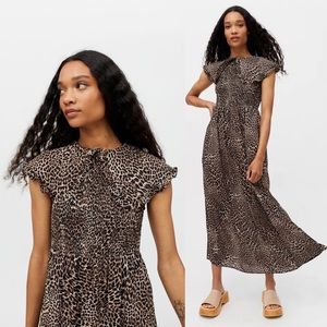 Urban Outfitters Ghospell Frame Shirred Midi Dress Cheetah Oversized Collar
